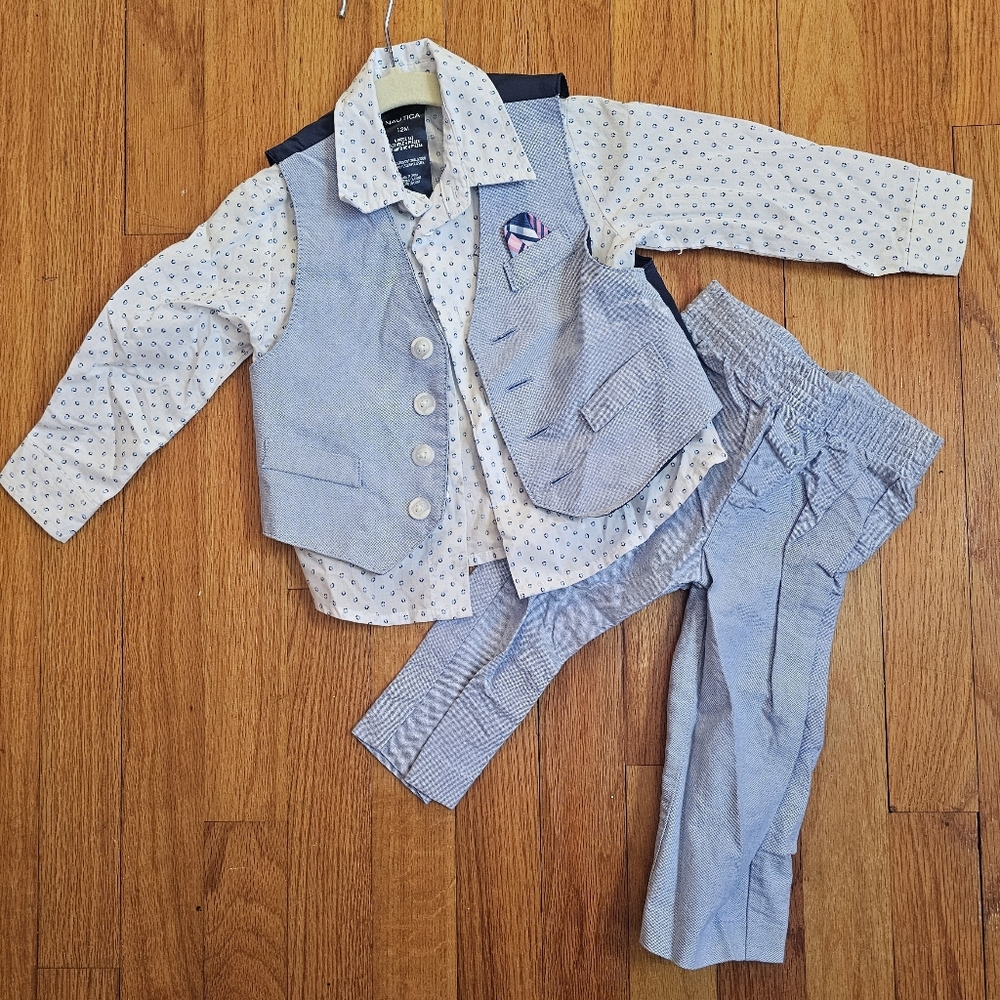 Nautica Boys Baby 12mo Formal Dressy Shirt Vest Pants 3pc Set Blue